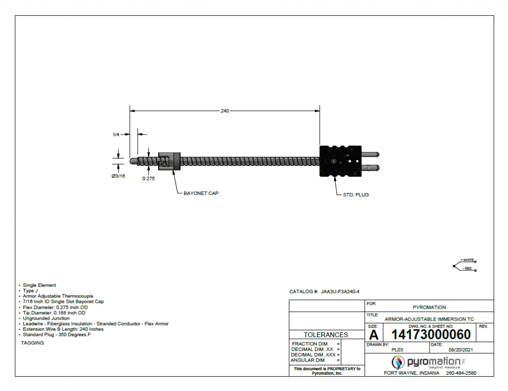 JAA3UF3A0484 Type J Ungrounded Adjustable Style Thermocouple